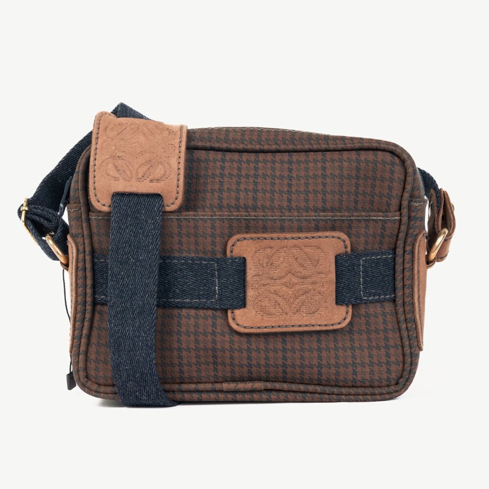 Loewe Brown Houndstooth-Canvas Leather-Trim Shoulder Bag